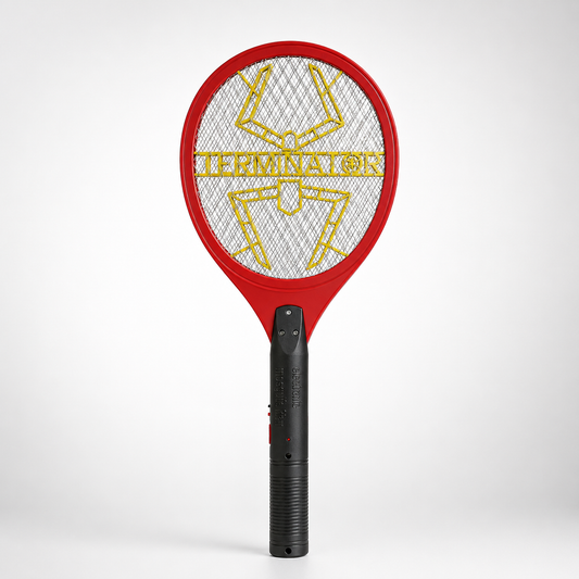 Rechargeable electric mosquito bat with 3-layer mesh, ergonomic handle and high-voltage insect killing racket on white background.