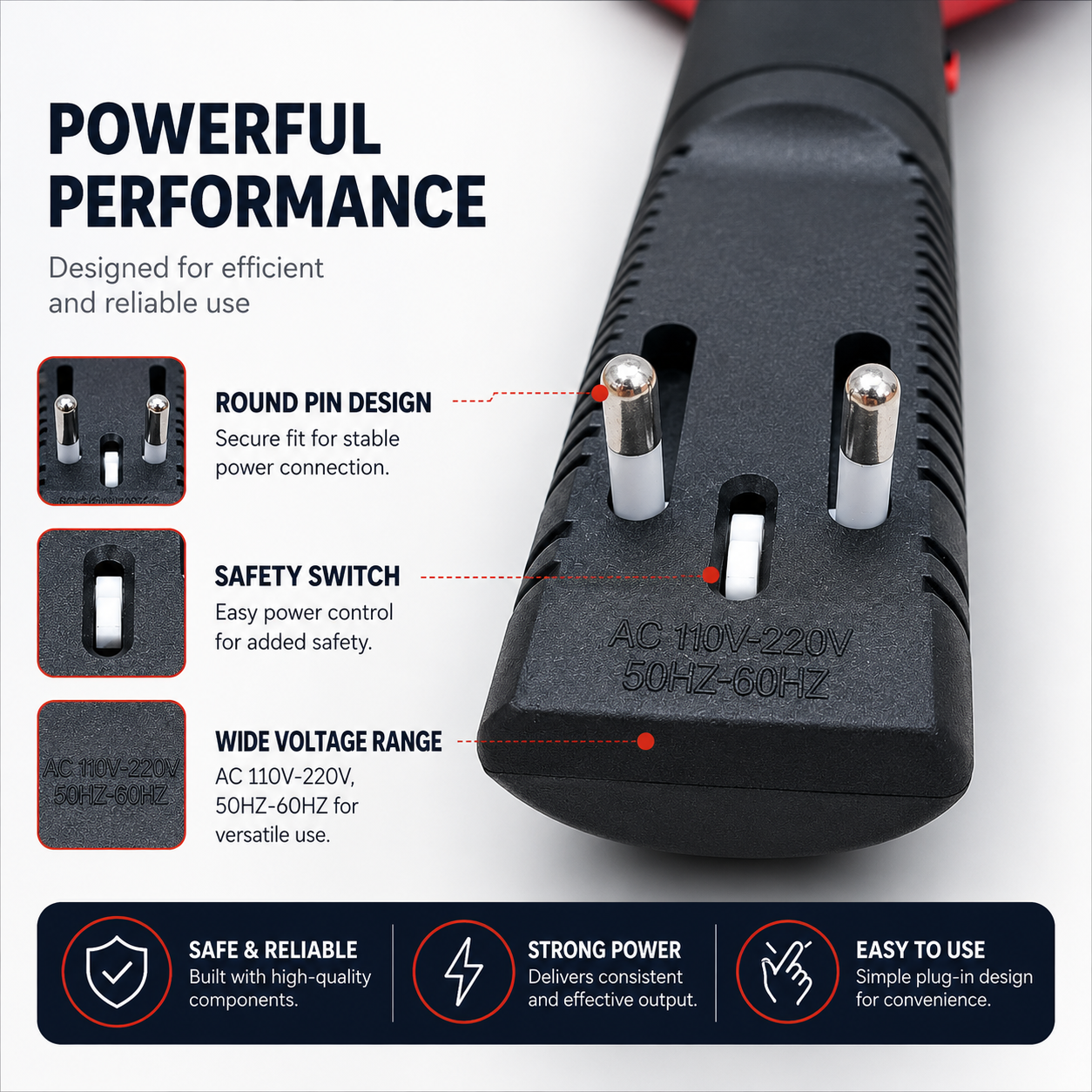 Rechargeable mosquito bat charging plug with round pin design, safety switch and AC 110V-220V charging compatibility.