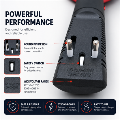 Rechargeable mosquito bat charging plug with round pin design, safety switch and AC 110V-220V charging compatibility.