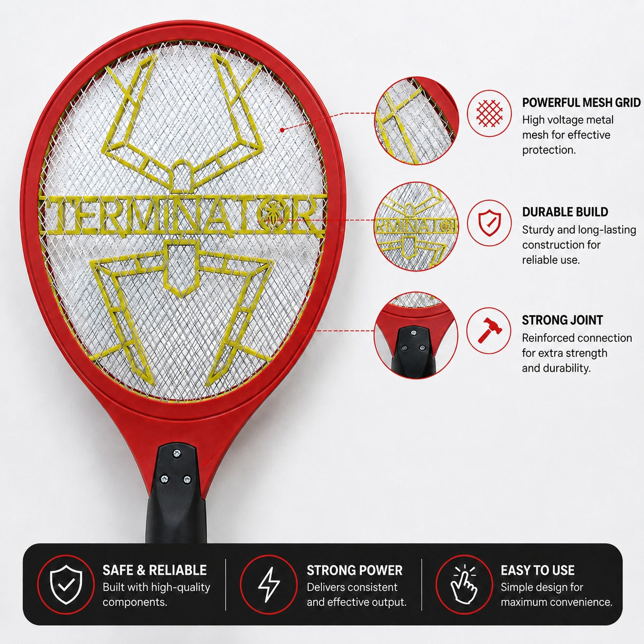 Rechargeable mosquito bat with high-voltage metal mesh, durable frame and reinforced handle joint for effective mosquito and flying insect control.