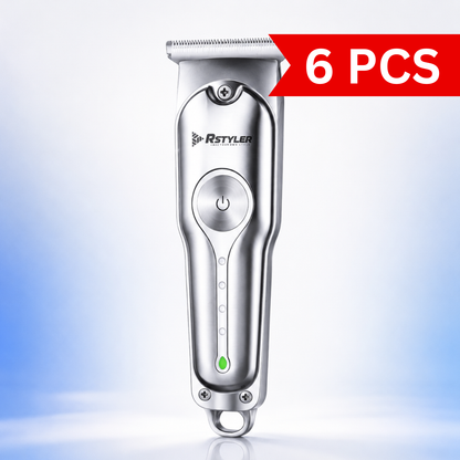 Professional rechargeable hair trimmer with precision T-blade, brushed metal body, LED battery indicator, USB Type-C charging, and ergonomic design