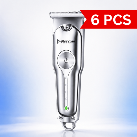 Professional rechargeable hair trimmer with precision T-blade, brushed metal body, LED battery indicator, USB Type-C charging, and ergonomic design