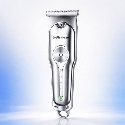 Professional rechargeable hair trimmer with precision T-blade, brushed metal body, LED battery indicator, USB Type-C charging, and ergonomic design