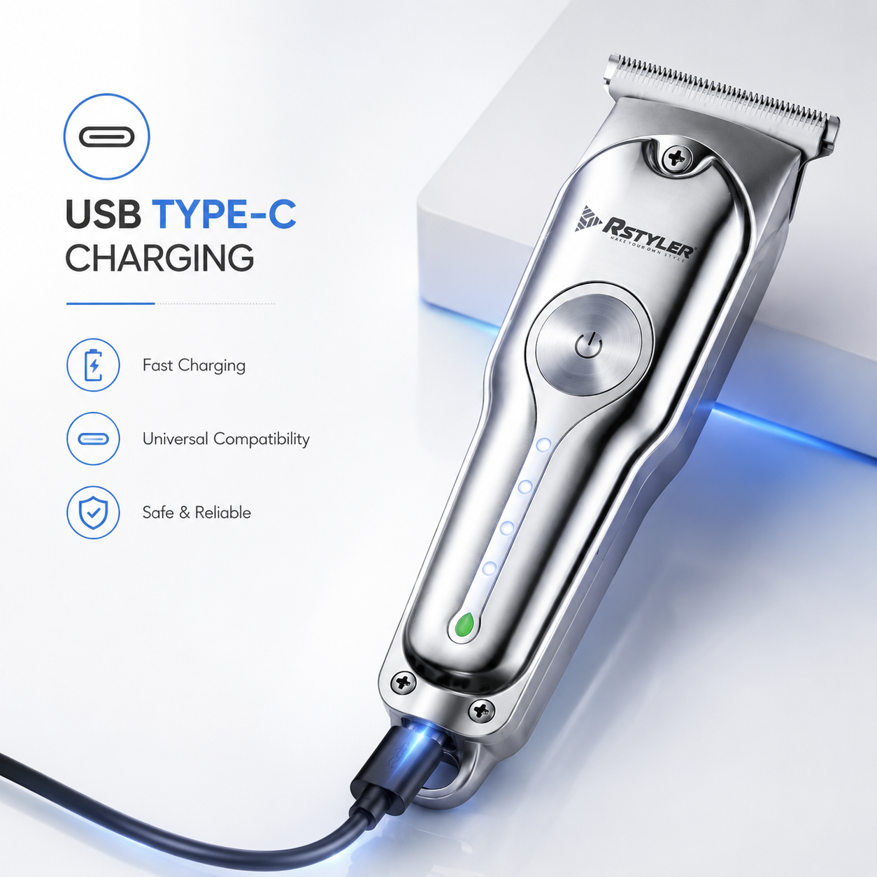 Professional cordless hair trimmer with USB Type-C charging, fast charging support, LED battery indicator, and precision T-blade for convenient daily grooming.