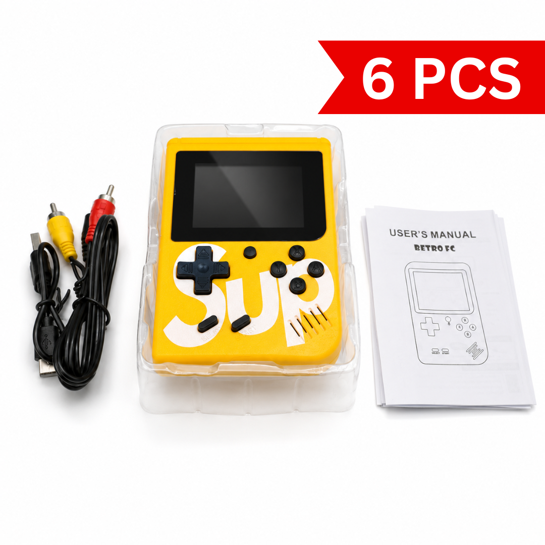 Portable retro handheld gaming console package including game console, USB charging cable, AV output cable, and user manual neatly arranged