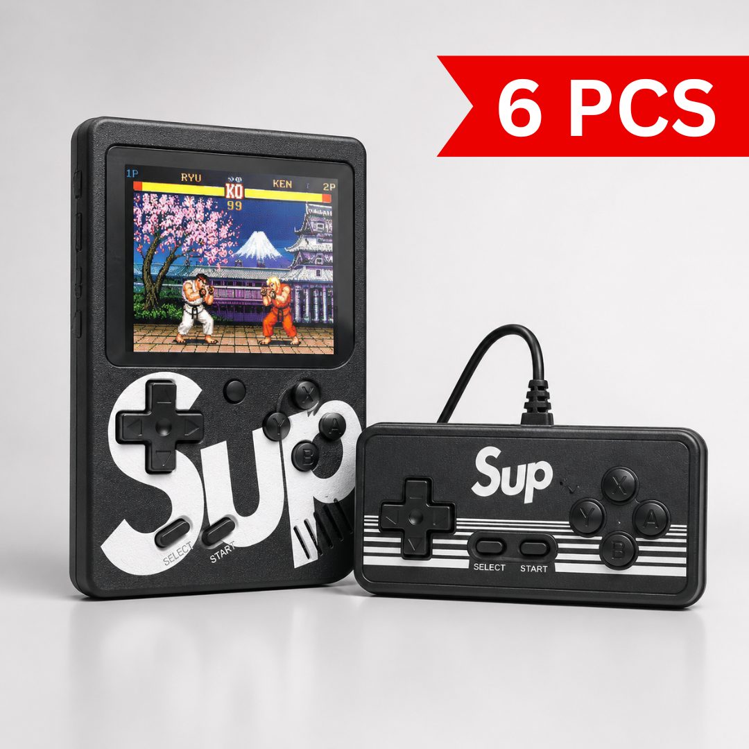 Retro handheld gaming console with color display and wired external controller for two-player gaming, featuring classic arcade gameplay, ergonomic button layout, and TV connectivity