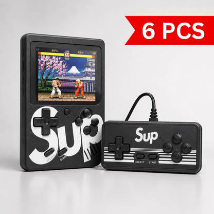 Retro handheld gaming console with color display and wired external controller for two-player gaming, featuring classic arcade gameplay, ergonomic button layout, and TV connectivity