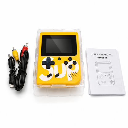 Retro handheld gaming console with AV TV output cable and user manual displayed in retail packaging