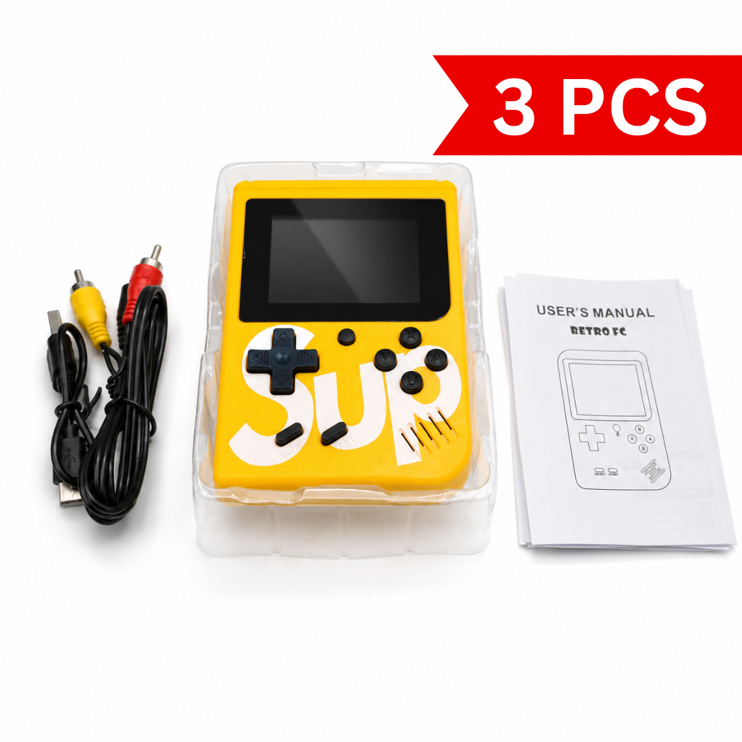 Retro handheld gaming console with AV TV output cable and user manual displayed in retail packaging