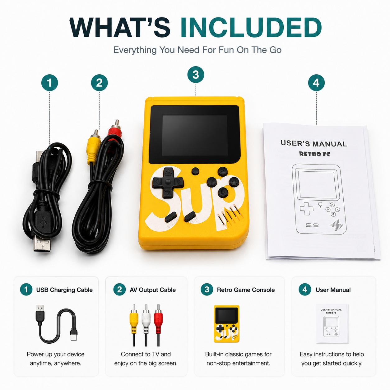 Retro handheld gaming console with USB charging cable, AV output cable, and user manual displayed in a clean ecommerce product