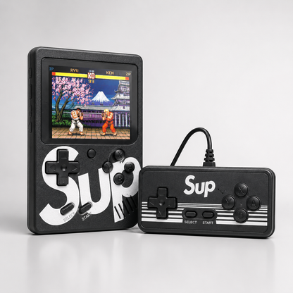 Retro handheld gaming console with a wired external controller displayed side by side on a light grey background, showcasing multiplayer gaming capability, classic button layout, and built-in color screen with a retro fighting game.