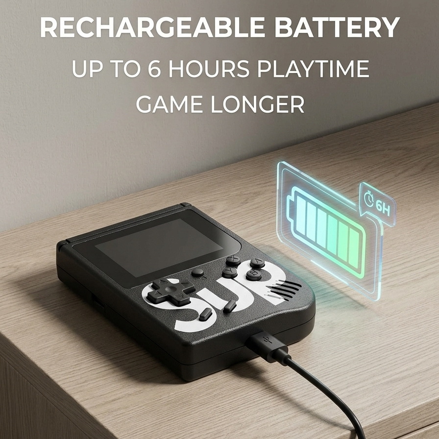 Portable retro handheld game console charging via USB cable on a wooden table, featuring a holographic battery indicator showing up to 6 hours of playtime, highlighting the rechargeable battery and long-lasting gaming performance.