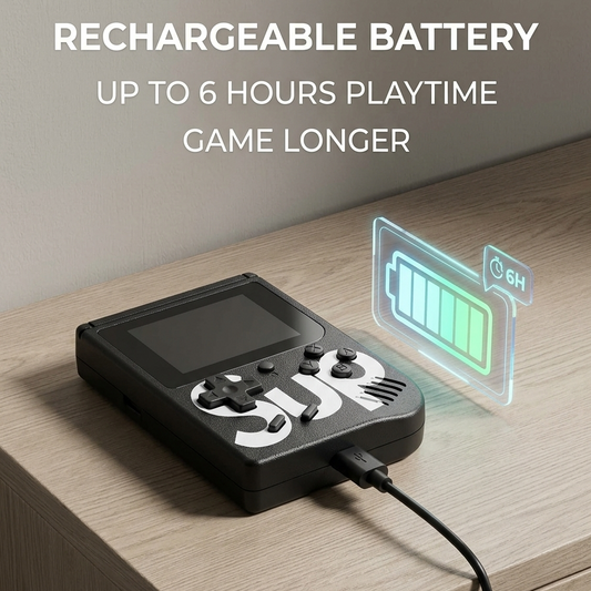 Portable retro handheld game console charging via USB cable on a wooden table, featuring a holographic battery indicator showing up to 6 hours of playtime, highlighting the rechargeable battery and long-lasting gaming performance.