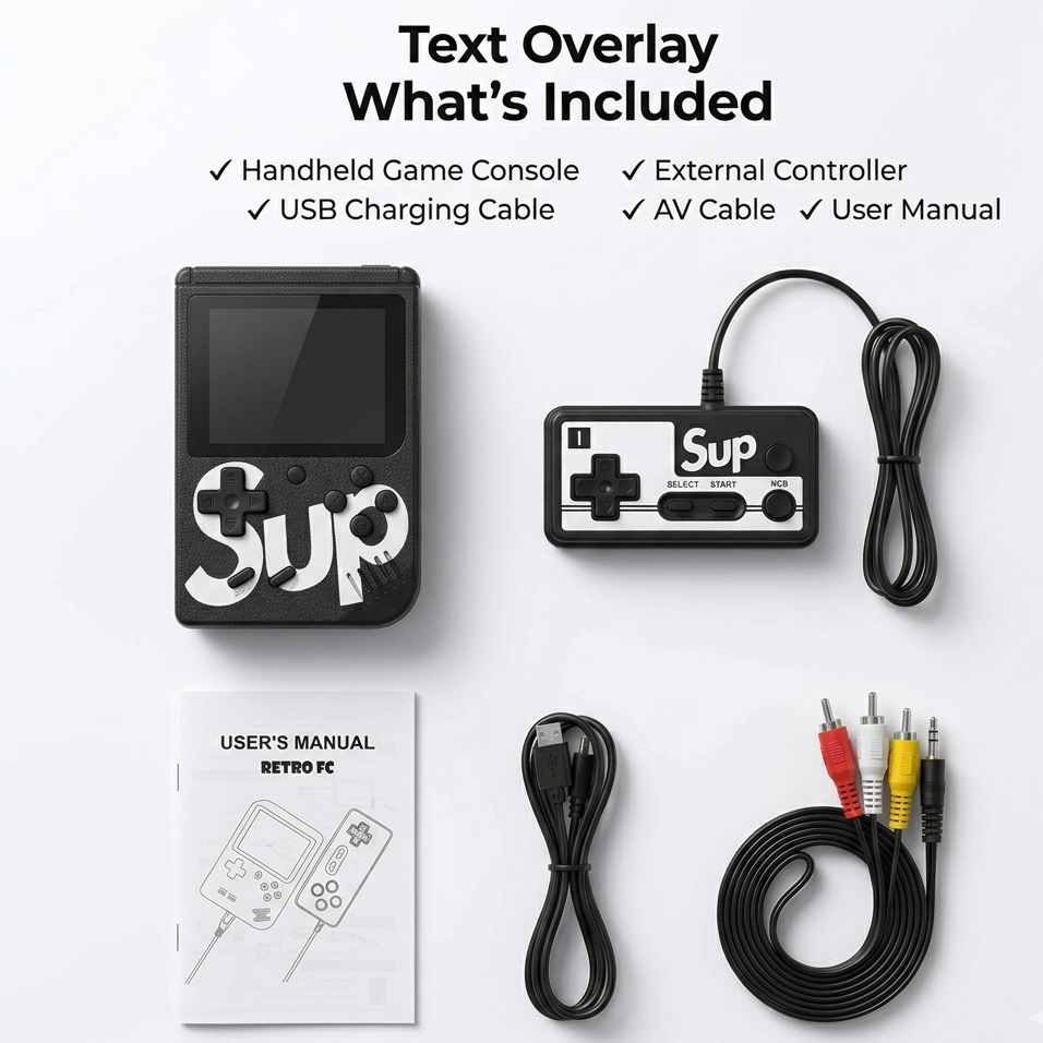 Complete handheld gaming console package contents displayed on a clean white background, including the retro game console, wired external controller, USB charging cable, AV output cable, and user manual arranged neatly in a flat-lay presentation.