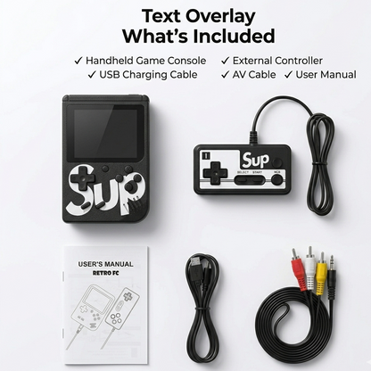 Complete handheld gaming console package contents displayed on a clean white background, including the retro game console, wired external controller, USB charging cable, AV output cable, and user manual arranged neatly in a flat-lay presentation.