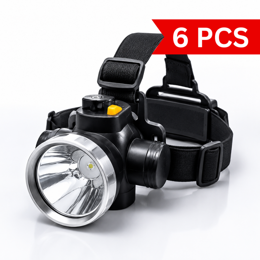 Close-up of a rechargeable LED headlamp featuring a large reflector lens, adjustable elastic head strap, rotatable lamp head and durable black housing for camping, trekking, repairs and emergency lighting.