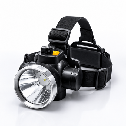 Close-up of a rechargeable LED headlamp featuring a large reflector lens, adjustable elastic head strap, rotatable lamp head and durable black housing for camping, trekking, repairs and emergency lighting.