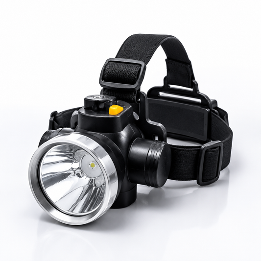 Close-up of a rechargeable LED headlamp featuring a large reflector lens, adjustable elastic head strap, rotatable lamp head and durable black housing for camping, trekking, repairs and emergency lighting.