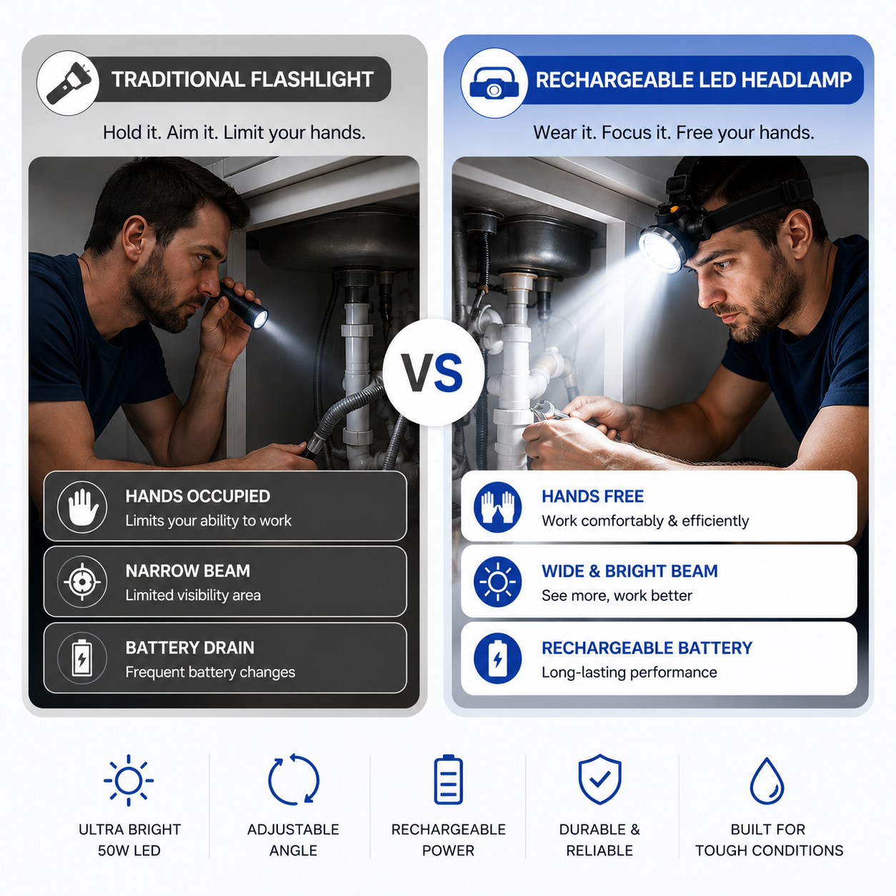 Rechargeable LED headlamp compared with a traditional flashlight, highlighting hands-free operation, wide bright beam, rechargeable battery, adjustable angle and durable design for work, repairs, camping and emergency use.