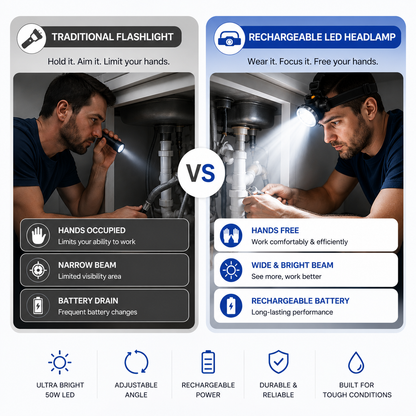 Rechargeable LED headlamp compared with a traditional flashlight, highlighting hands-free operation, wide bright beam, rechargeable battery, adjustable angle and durable design for work, repairs, camping and emergency use.