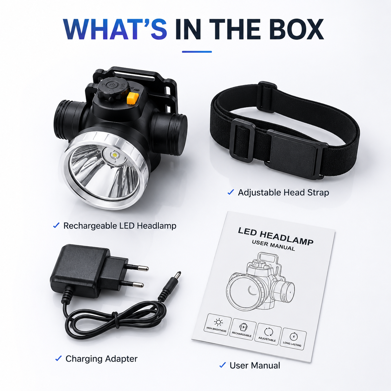 Rechargeable LED headlamp kit including adjustable elastic head strap, charging adapter and user manual, designed for hands-free lighting during outdoor activities, maintenance work and emergency situations.