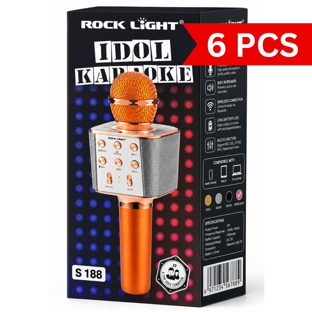 Rock Light Idol Karaoke wireless microphone speaker retail box in rose gold, featuring Bluetooth connectivity, built-in speaker, rechargeable battery, echo control, recording function, and smartphone compatibility.