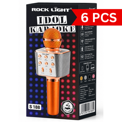 Rock Light Idol Karaoke wireless microphone speaker retail box in rose gold, featuring Bluetooth connectivity, built-in speaker, rechargeable battery, echo control, recording function, and smartphone compatibility.