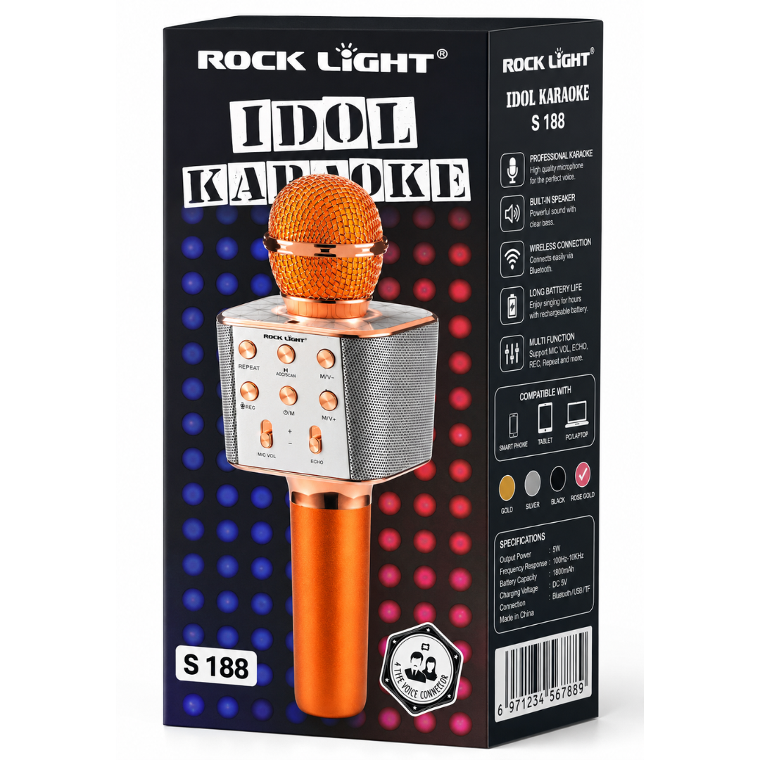 Rock Light Idol Karaoke wireless microphone speaker retail box in rose gold, featuring Bluetooth connectivity, built-in speaker, rechargeable battery, echo control, recording function, and smartphone compatibility.