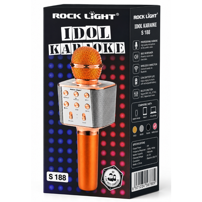 Rock Light Idol Karaoke wireless microphone speaker retail box in rose gold, featuring Bluetooth connectivity, built-in speaker, rechargeable battery, echo control, recording function, and smartphone compatibility.