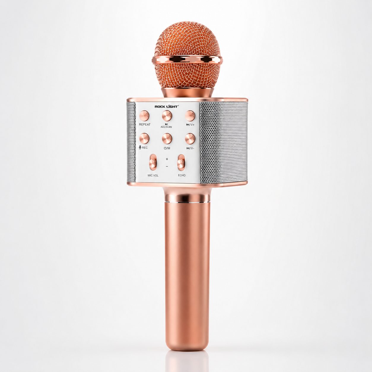Rose gold wireless karaoke microphone with built-in speaker, metal grille, Bluetooth connectivity, rechargeable battery, and integrated audio controls
