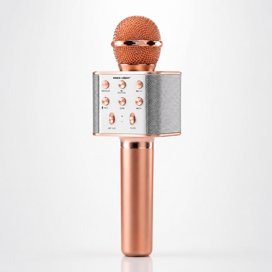Rose gold wireless karaoke microphone with built-in speaker, metal grille, Bluetooth connectivity, rechargeable battery, and integrated audio controls