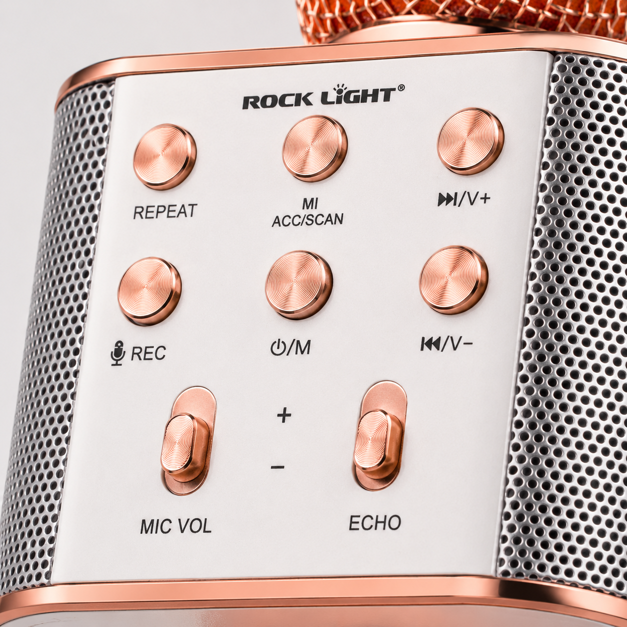 Close-up of the Idol Karaoke microphone control panel showing playback buttons, recording function, mode selection, microphone volume, and echo adjustment controls.