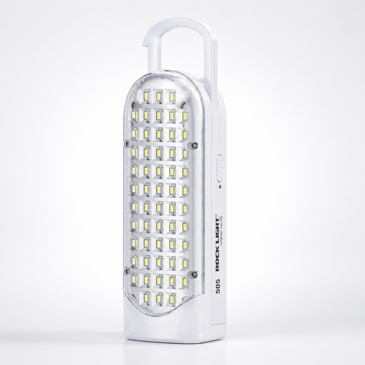 Rechargeable 56 SMD LED emergency light with integrated carrying handle, dual brightness modes, charging indicator, and portable design 