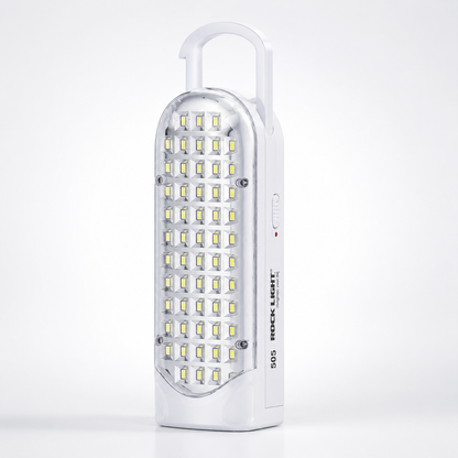 Rechargeable 56 SMD LED emergency light with integrated carrying handle, dual brightness modes, charging indicator, and portable design 