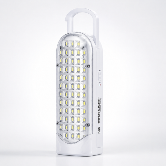 Rechargeable 56 SMD LED emergency light with integrated carrying handle, dual brightness modes, charging indicator, and portable design 
