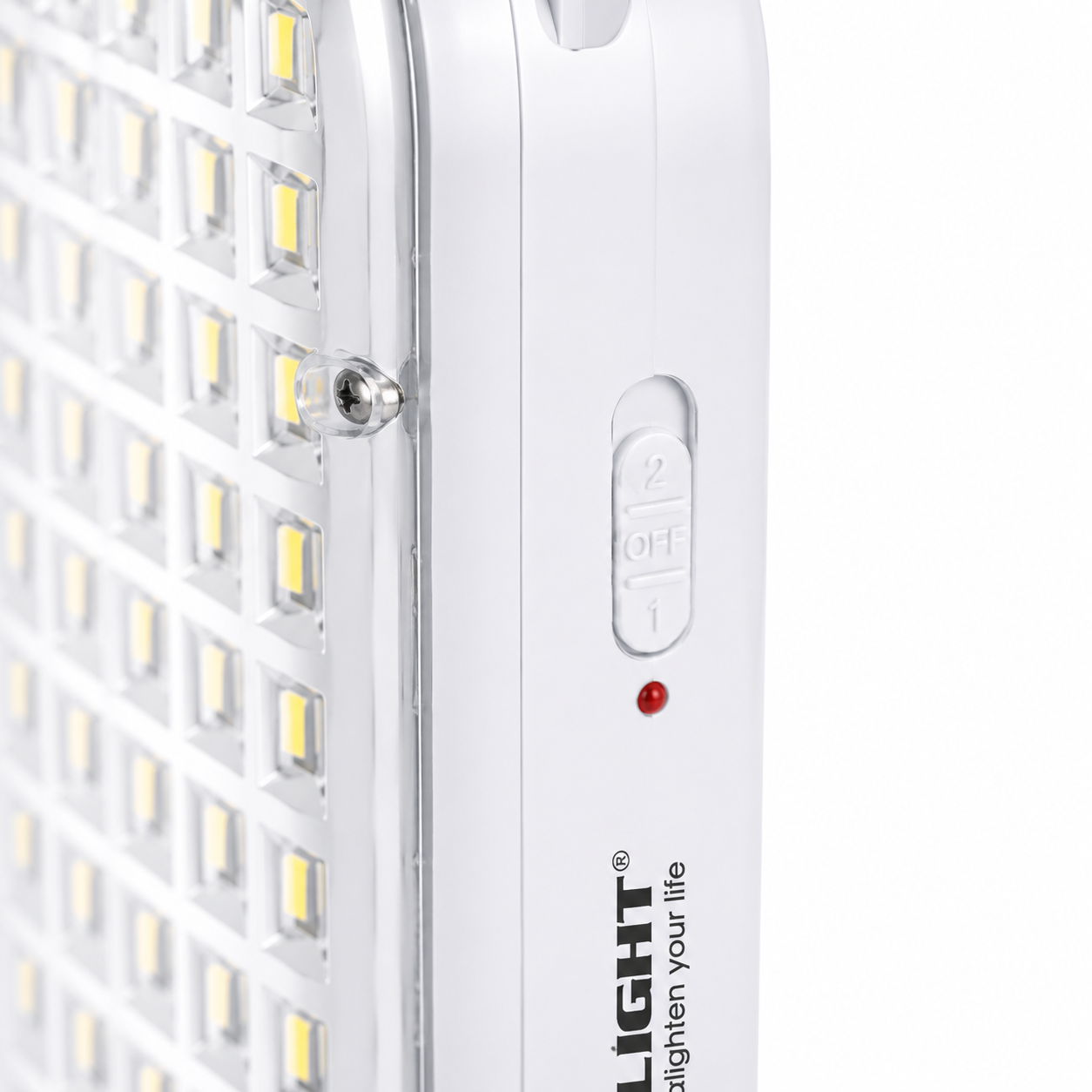 Close-up of a rechargeable LED emergency light showing the dual brightness switch, charging indicator LED, durable body, and 56 SMD LED panel for convenient operation.