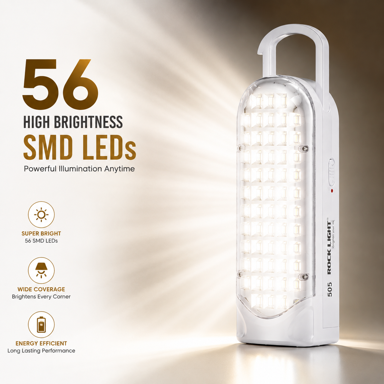 Rechargeable emergency light with 56 high-brightness SMD LEDs delivering wide illumination, energy-efficient performance, and reliable backup lighting for homes and businesses.