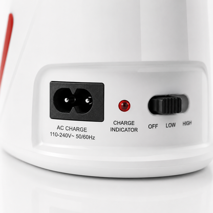 Close-up of the rechargeable LED emergency light showing the AC charging port, charging indicator LED and High, Low, Off brightness switch for easy operation.