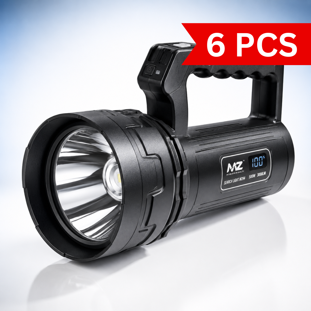 Portable rechargeable LED searchlight with high-power LED reflector, ergonomic carry handle, digital battery display, USB Type-C charging and durable black housing.