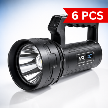 Portable rechargeable LED searchlight with high-power LED reflector, ergonomic carry handle, digital battery display, USB Type-C charging and durable black housing.