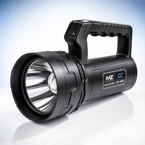 Portable rechargeable LED searchlight with high-power LED reflector, ergonomic carry handle, digital battery display, USB Type-C charging and durable black housing.