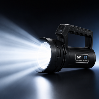 Rechargeable LED searchlight projecting a powerful long-range beam, featuring a high-brightness LED, ergonomic carry handle and digital battery display.