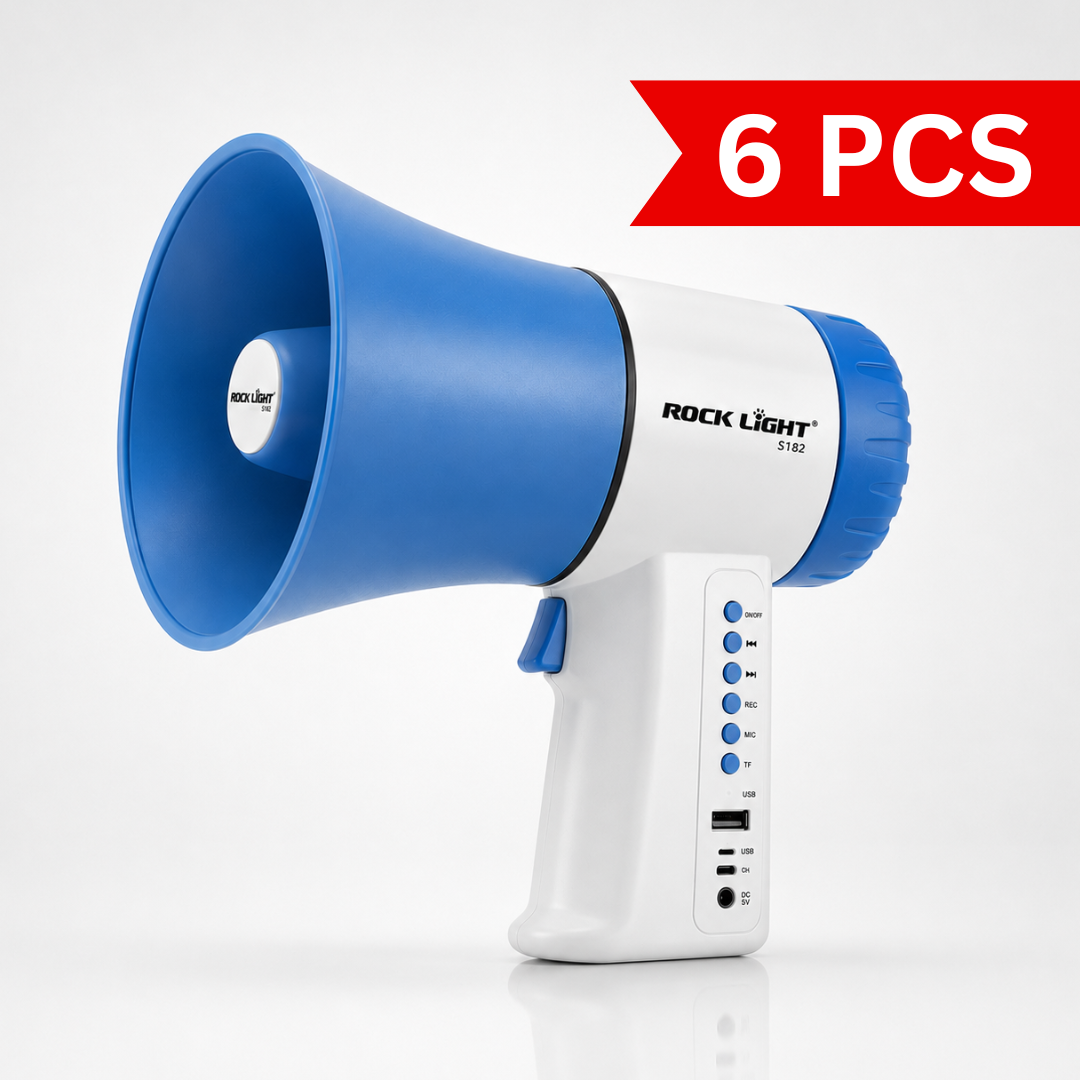 Rechargeable portable handheld megaphone with ergonomic grip, 300W loudspeaker, wireless microphone support, USB playback, TF card slot, Type-C charging, and durable ABS construction