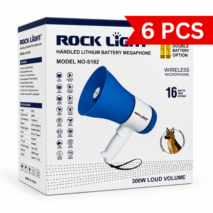Rechargeable handheld lithium battery megaphone with 300W loud volume, wireless microphone, 16 voice settings, double battery option, white and blue ABS body, portable announcement speaker on a clean white background.
