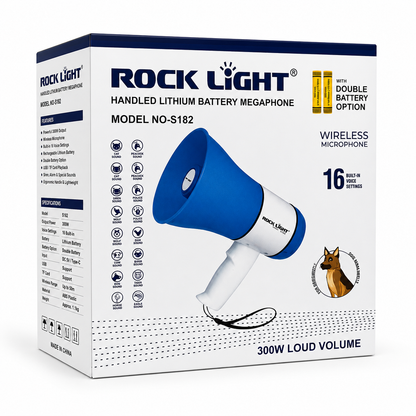 Rechargeable handheld lithium battery megaphone with 300W loud volume, wireless microphone, 16 voice settings, double battery option, white and blue ABS body, portable announcement speaker on a clean white background.
