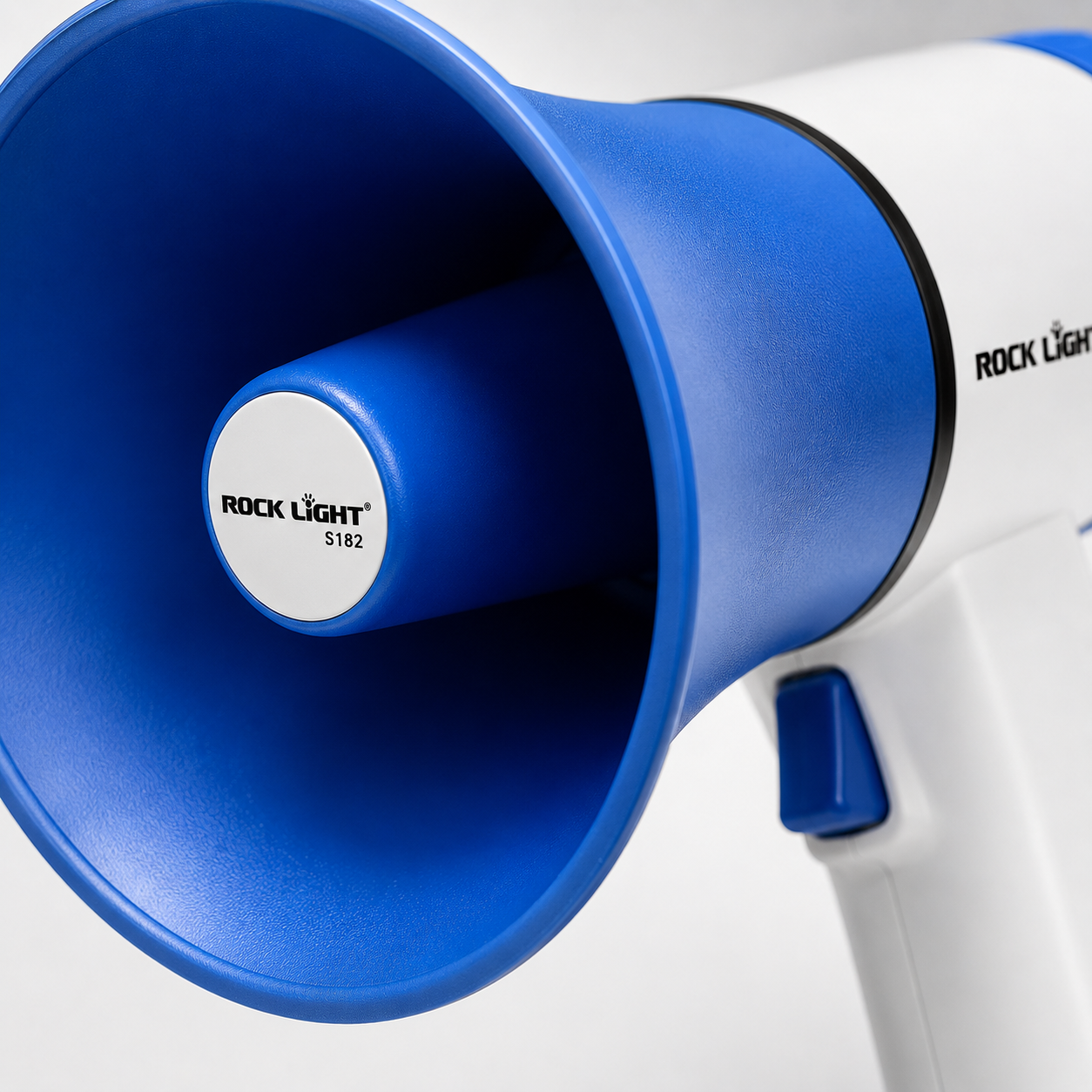 Close-up of the blue megaphone horn showing wide sound projection design, durable ABS construction, premium finish, and ergonomic handheld loudspeaker body.