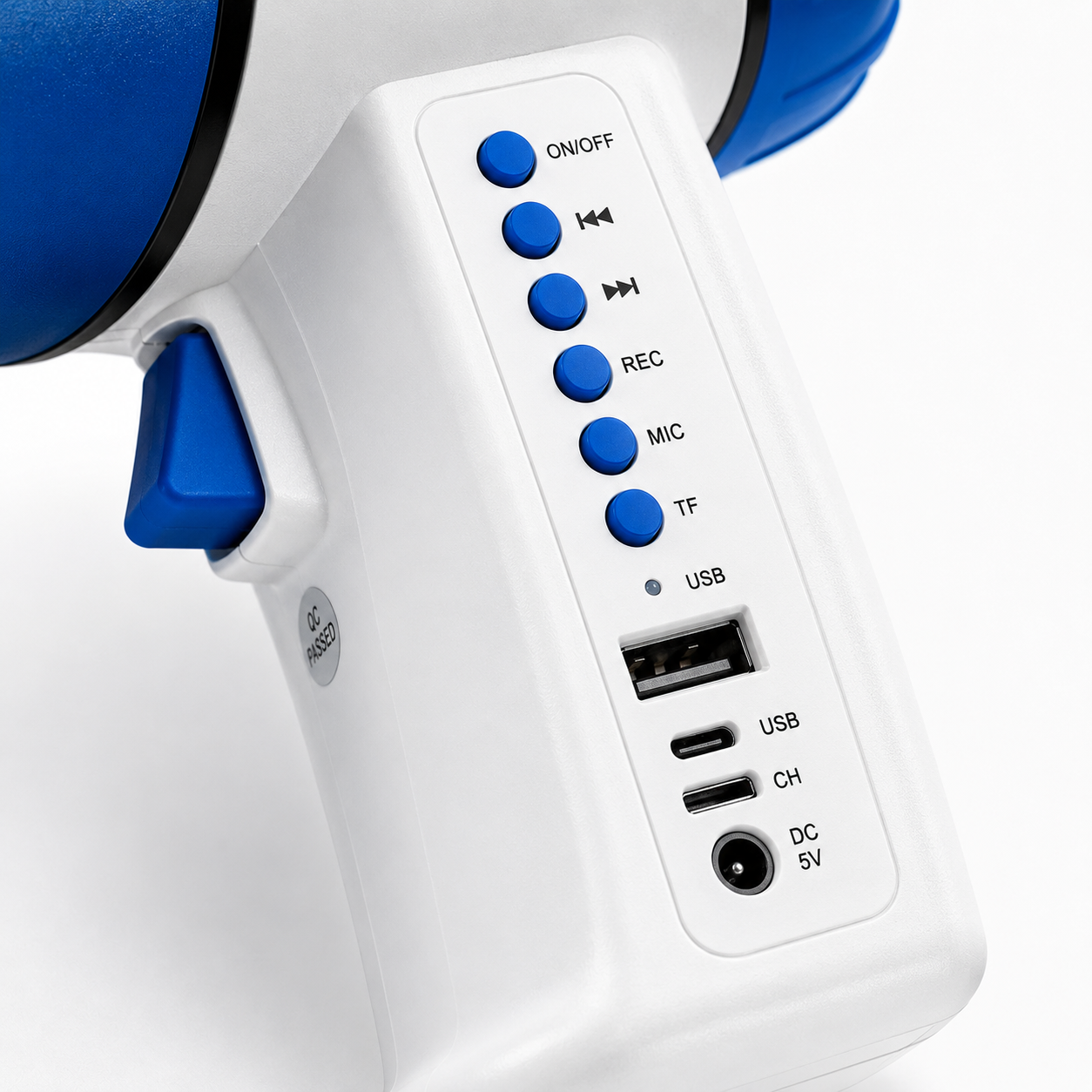Detailed view of the rechargeable megaphone control panel featuring power, playback, recording, microphone mode, TF card, USB playback, Type-C charging, and DC charging ports.