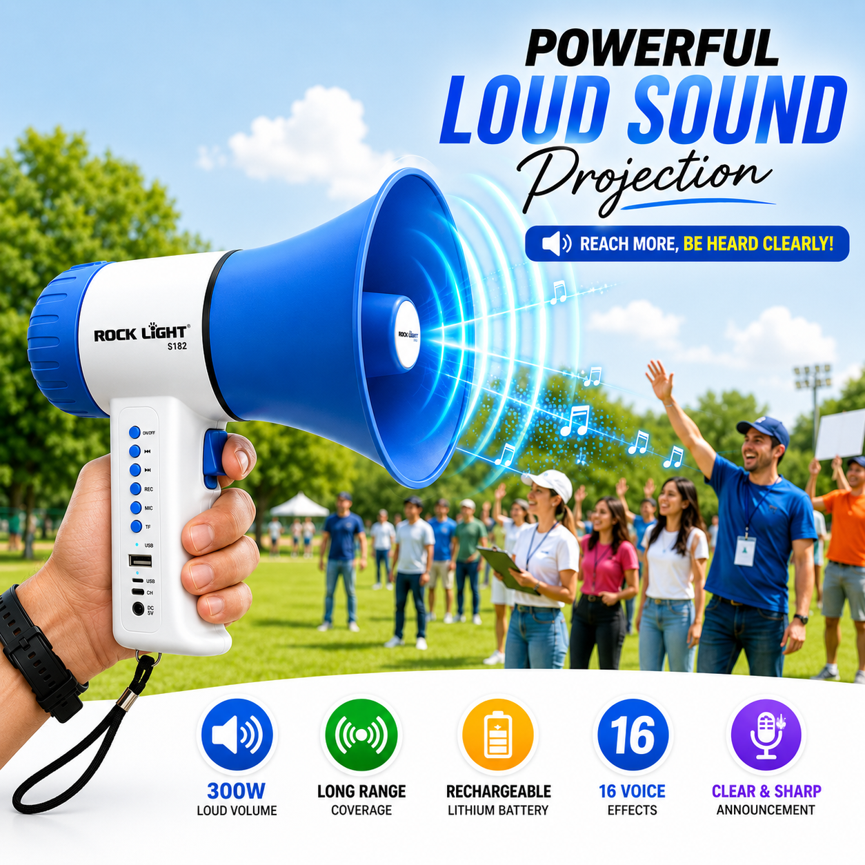 Portable rechargeable 300W megaphone in use at an outdoor event, delivering clear long-range announcements with 16 voice effects, rechargeable lithium battery, and powerful loud sound projection.