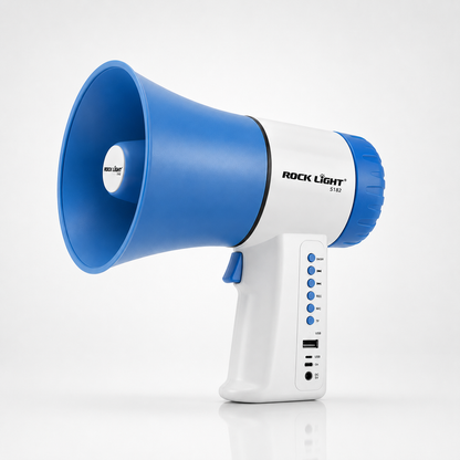 Rechargeable portable handheld megaphone with ergonomic grip, 300W loudspeaker, wireless microphone support, USB playback, TF card slot, Type-C charging, and durable ABS construction on a white background.