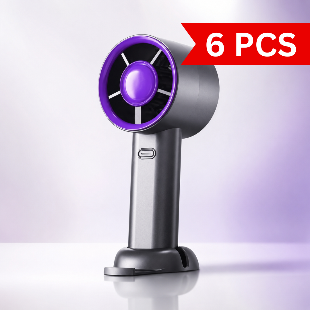 Portable USB rechargeable handheld fan with integrated phone holder and desktop stand, featuring a compact lightweight design for home, office and travel use.